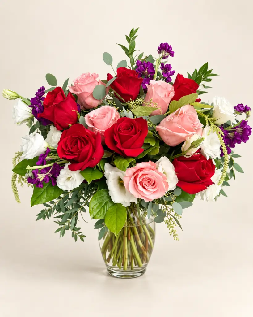 Blushing Hues flower arrangement with red and blush roses, white blooms, purple flowers, and greenery in a clear glass vase by a Santa Monica florist