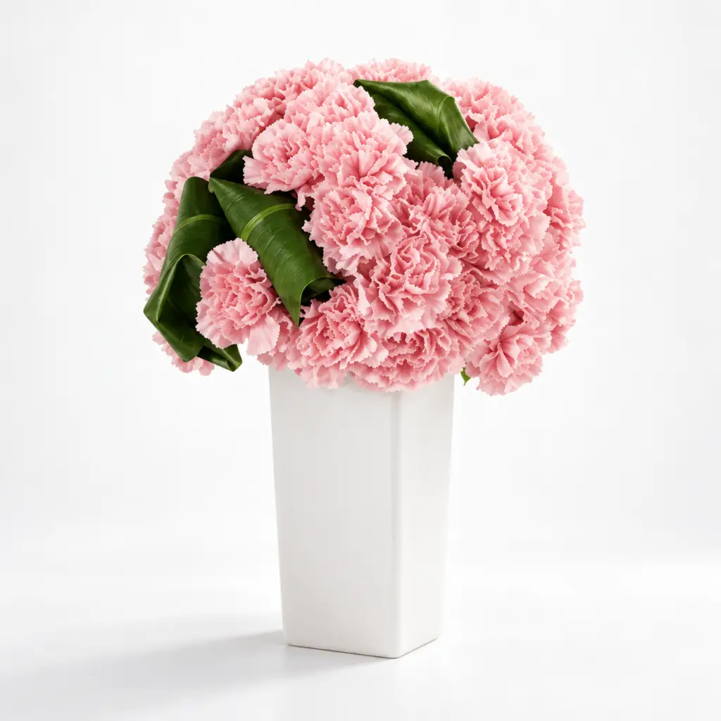 Carnation Chic arrangement with soft pink carnations and folded green leaves in a white ceramic vase by a Santa Monica florist
