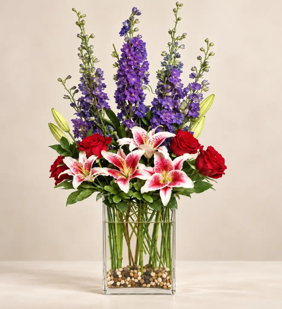 Garden Sonata arrangement with violet delphinium, Stargazer lilies, red roses, and greenery in a clear rectangular glass vase by a Santa Monica florist