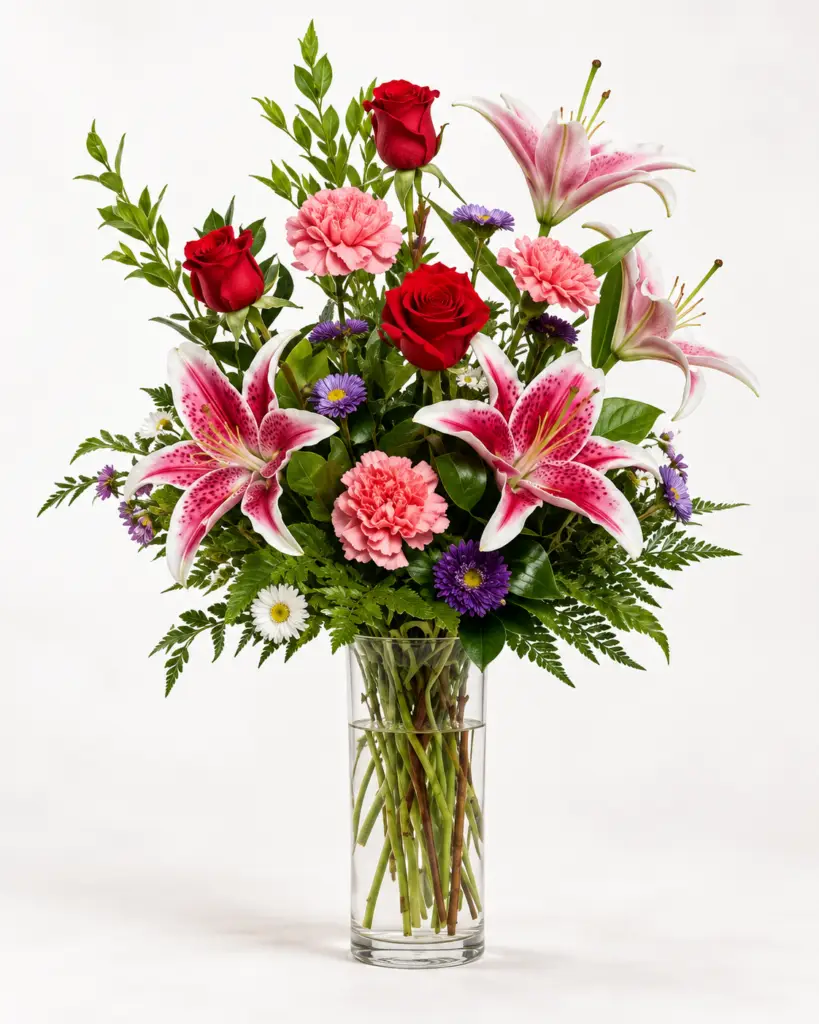 Harvest Meadow mixed flower arrangement with red roses, pink lilies, carnations, purple flowers, and greenery in a clear glass vase by a Santa Monica florist