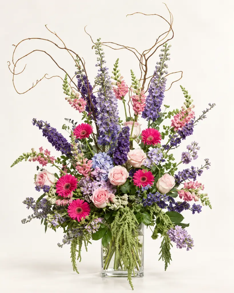 Heirloom Meadow garden-style arrangement with blush roses, pink and purple flowers, blue hydrangea, greenery, and sculptural branches by a Santa Monica florist