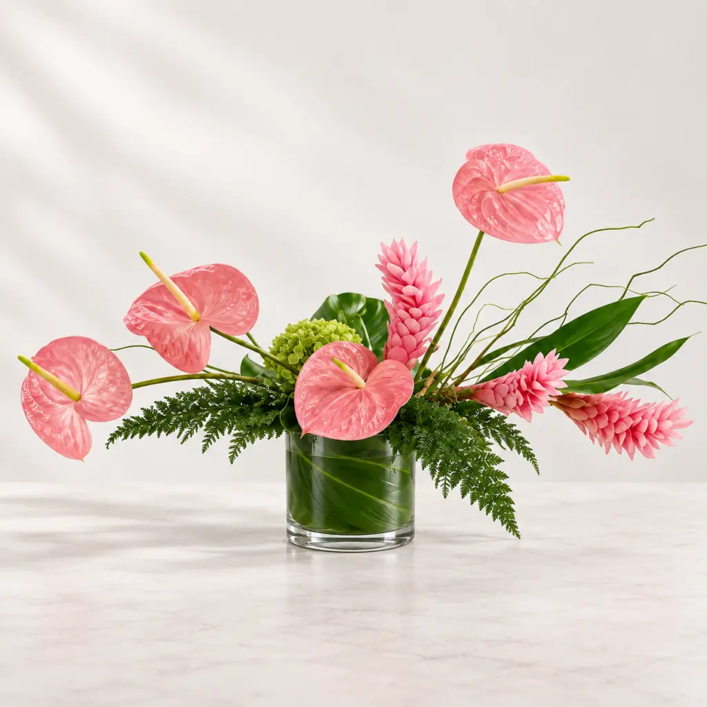 Island Grace tropical flower arrangement with pink anthurium, pink ginger, green hydrangea, and tropical foliage in a leaf-lined glass vase