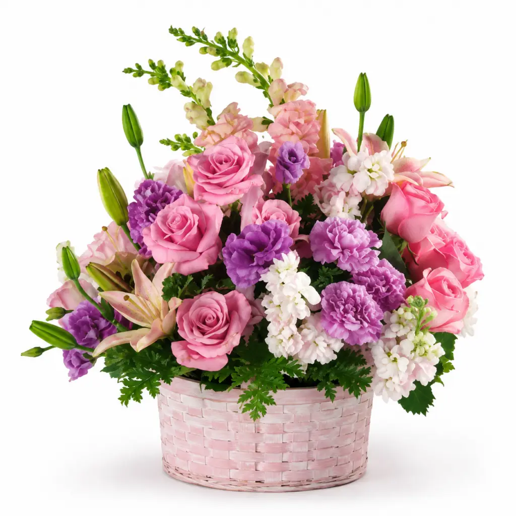 Joyful Blooms pink flower basket with roses, lilies and lavender seasonal flowers by a Santa Monica florist