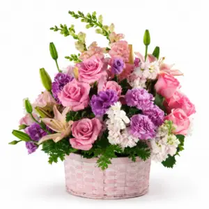 Joyful Blooms pink flower basket with roses, lilies and lavender seasonal flowers by a Santa Monica florist