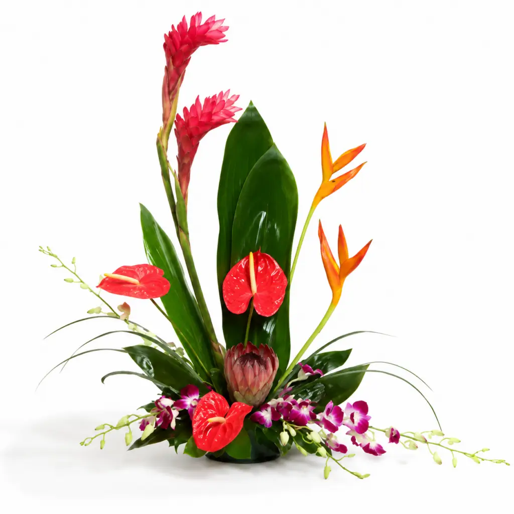 Radiant Muse tropical flower arrangement with anthurium, orchids, protea and exotic foliage by a Santa Monica florist