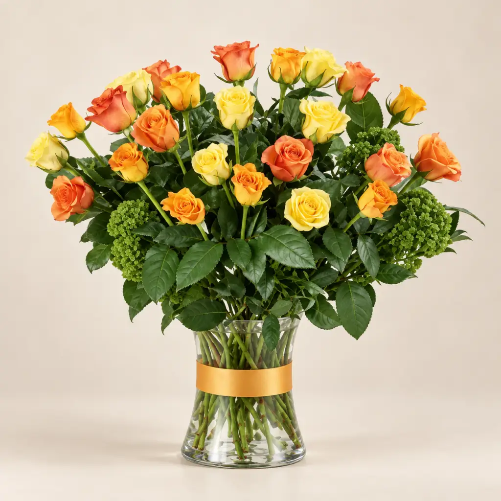 Rosy Radiance arrangement with apricot, orange, and yellow roses, green accent flowers, and fresh foliage in a clear glass vase by a Santa Monica florist