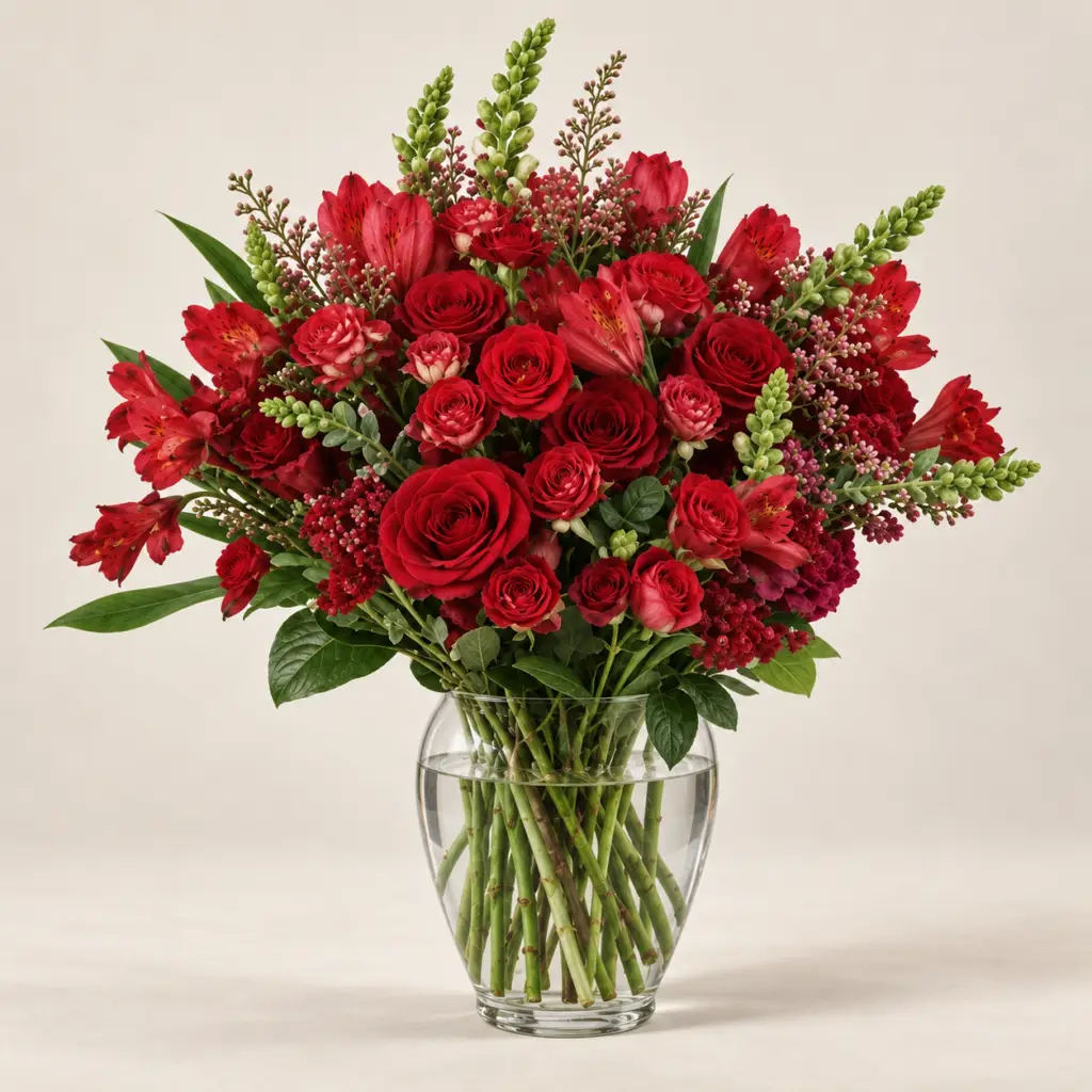 Royal Bloom red arrangement with roses, crimson seasonal flowers, textural blooms, and fresh greenery in a clear glass vase by a Santa Monica florist
