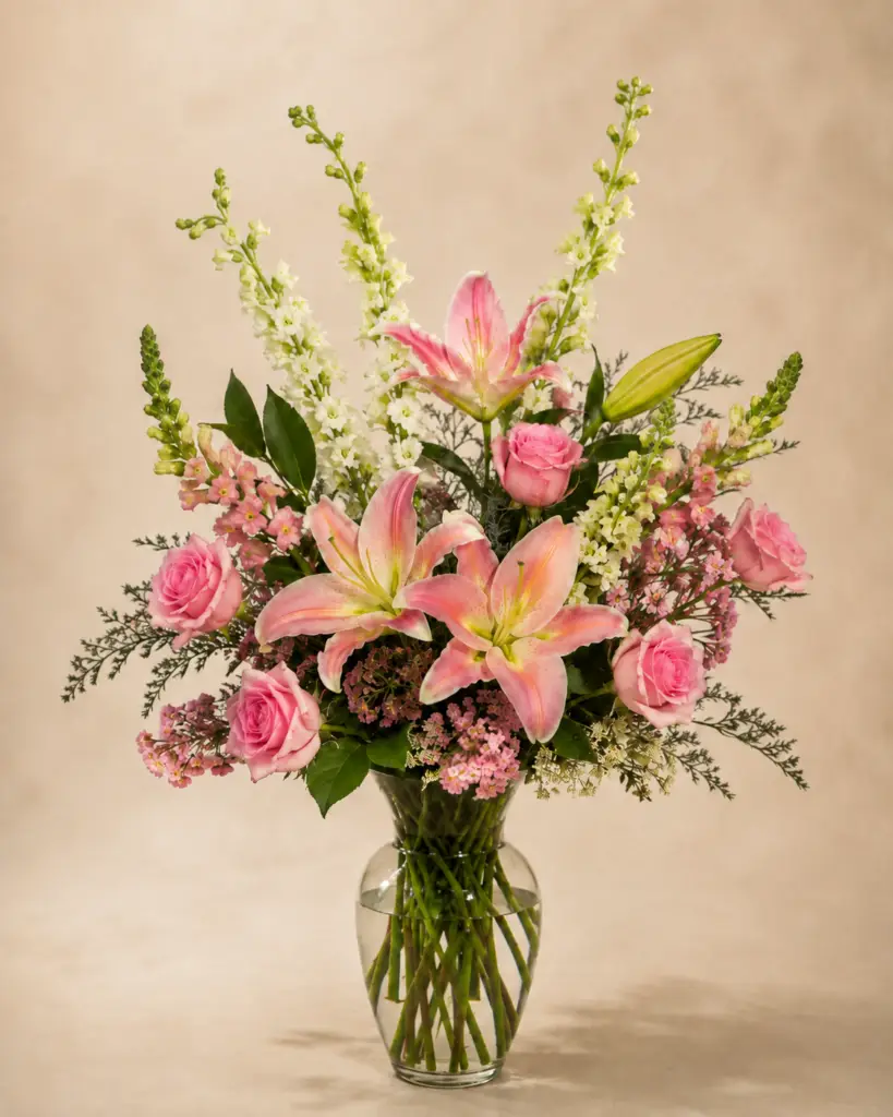 Shades of Pink arrangement with pink roses, pink lilies and seasonal flowers in a clear glass vase by a Santa Monica florist
