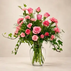 Spellbound Pinks arrangement with pink roses, pink carnations, trailing ivy, and fresh greenery in a clear glass vase by a Santa Monica florist