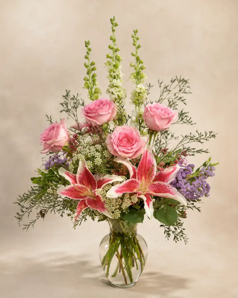 Timeless Grace floral arrangement with pink roses, pink stargazer lilies, white snapdragon, lavender accents, and airy greenery in a clear glass vase by a Santa Monica flower studio.