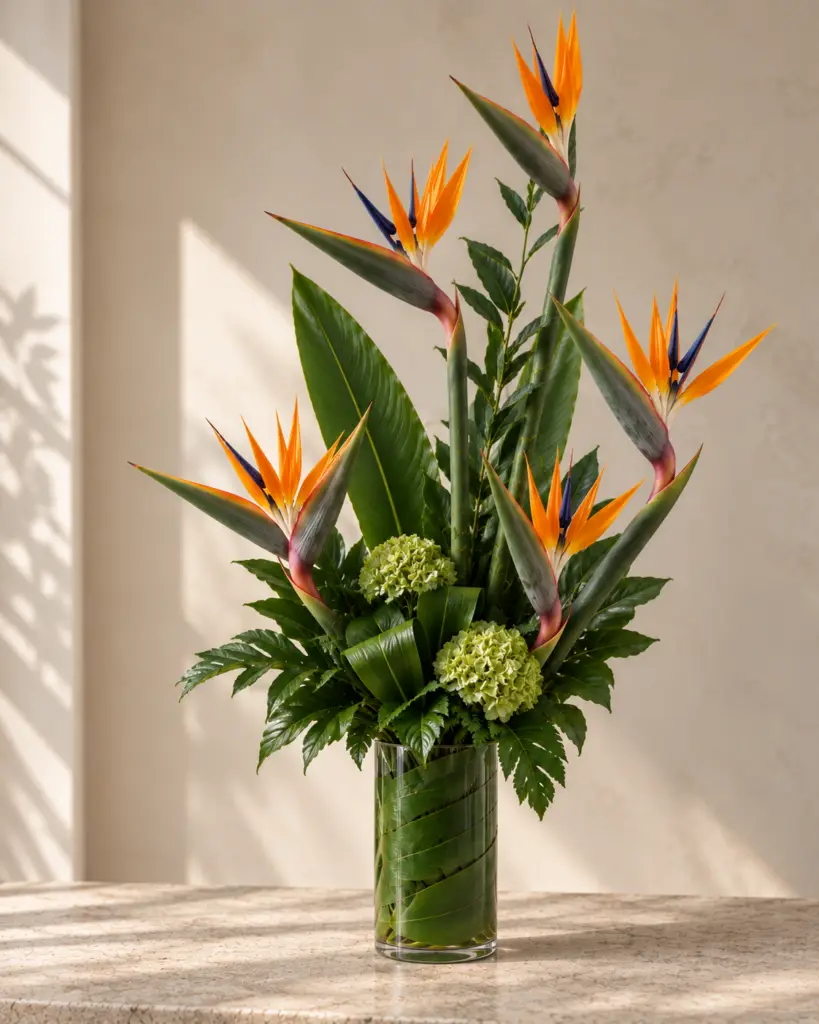 Tropical Daydream arrangement with Bird of Paradise flowers, green hydrangea, and tropical foliage in a leaf-lined glass vase by a Santa Monica florist