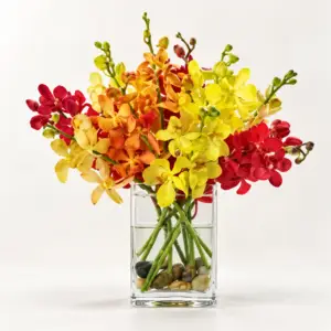 Vibrant Orchids arrangement with white, fuchsia, and soft pink orchids in a clear glass vase by a Santa Monica florist