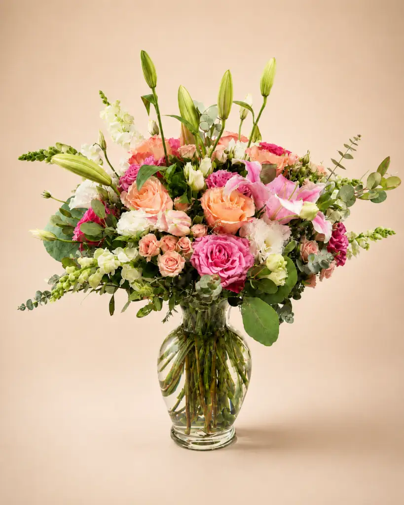 Garden Jubilee summer flower arrangement with pink roses, peach roses, pink lilies, white snapdragon, eucalyptus, and seasonal greenery in a clear glass vase by a Santa Monica flower studio.