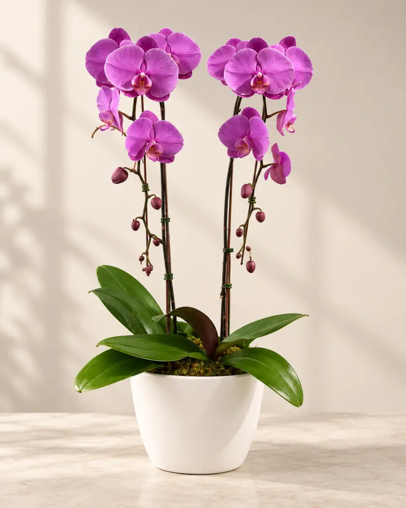 White Cascading Orchid Phalaenopsis plant in a refined planter by a Santa Monica florist