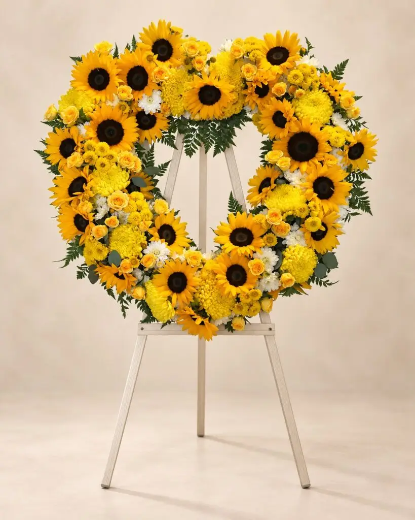 Golden Remembrance sunflower funeral heart wreath with yellow roses and chrysanthemums on a standing easel by a Santa Monica florist