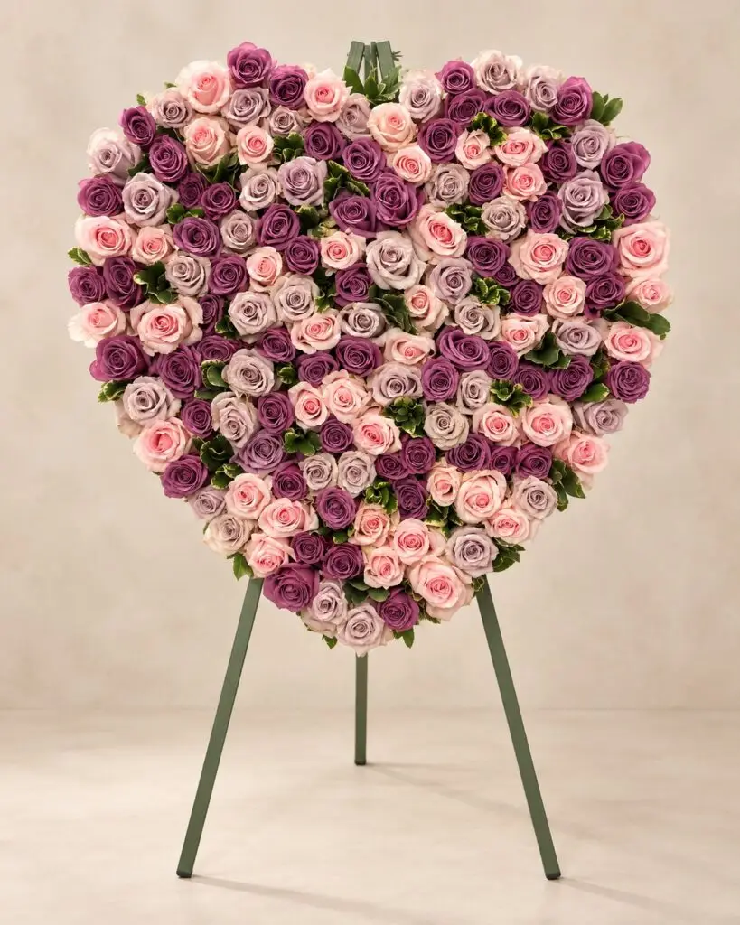 Heartfelt Tribute standing funeral heart with blush, mauve and lavender roses on an easel by a Santa Monica florist