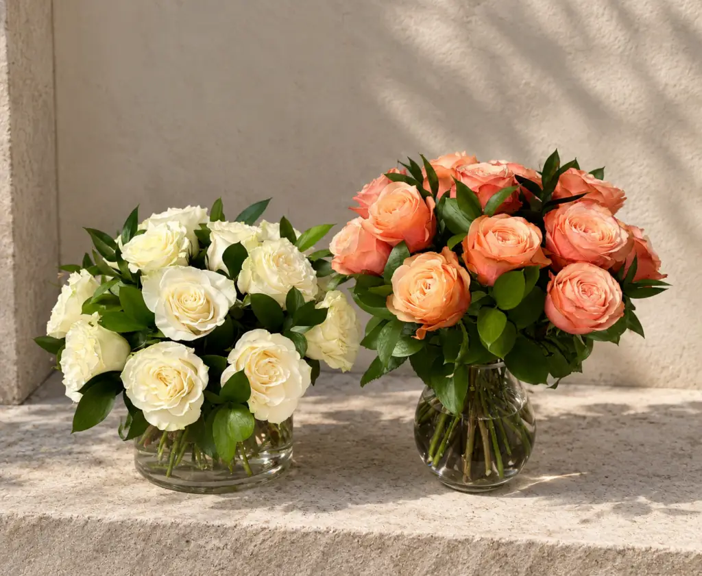 White and peach rose arrangements with fresh greenery in clear glass vases against a neutral editorial background.