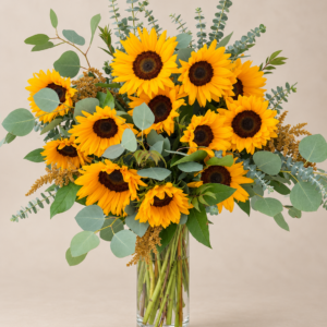Golden sunflower arrangement with eucalyptus and seasonal greenery in a tall clear glass vase by a Santa Monica florist.